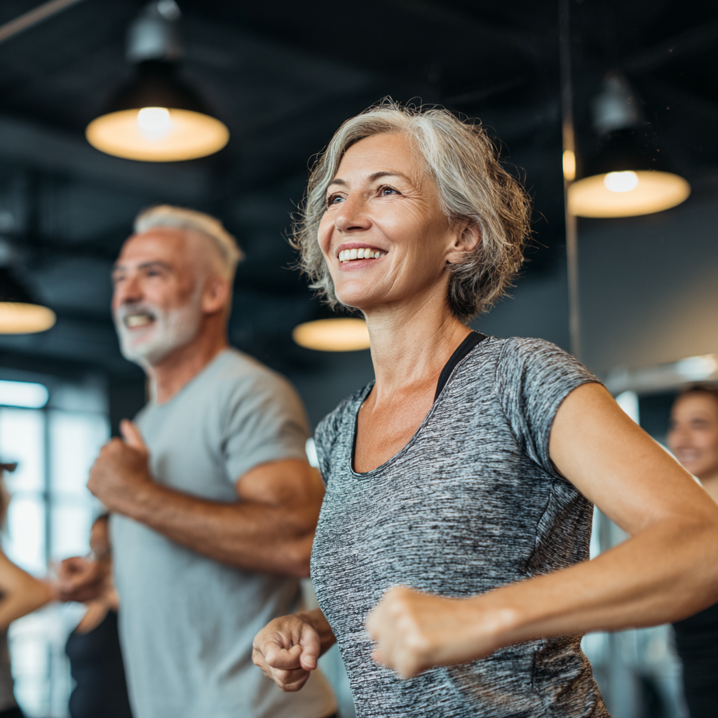 Group of diverse Ukrainian adults of various ages celebrating fitness achievements in an outdoor park setting, showing joy and accomplishment